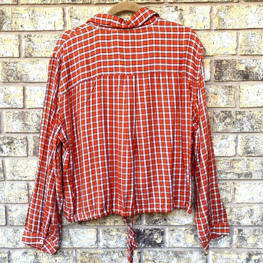size 14 Lane Bryant flannel plaid top button down no peek cropped tie hem orange - Picture 3 of 6
